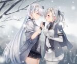  2girls absurdres bare_tree black_gloves black_sailor_collar black_skirt blush bodysuit branch breasts clothes_writing elbow_gloves eye_contact fuyutsuki_(kancolle) gloves grey_eyes grey_legwear grey_neckerchief grey_shawl hachimaki half_gloves headband headgear highres holding_hands kantai_collection large_breasts long_hair looking_at_another medium_breasts microskirt miniskirt multiple_girls neckerchief nuka_(nvkka) one_side_up outdoors pleated_skirt sailor_collar school_uniform serafuku shirt short_sleeves side_ponytail silver_hair skirt snowing suzutsuki_(kancolle) thigh-highs tree white_bodysuit white_gloves white_headband white_neckerchief white_sailor_collar white_shirt white_skirt yuri 