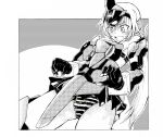  1girl blush elbow_gloves embarrassed eyebrows_visible_through_hair fang frame_arms_girl gloves greyscale highres long_hair looking_down mecha_musume miaawa monochrome open_mouth panties short_hair skin_fang skirt solo striped striped_panties stylet underwear 