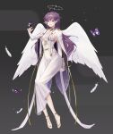  +_+ 1girl absurdres angel angel_wings bangs barefoot breasts bridal_gauntlets bug butterfly cleavage_cutout clothing_cutout crossed_bangs feathers halo highres hyun9164 long_hair looking_at_viewer medium_breasts original red_eyes smile solo white_wings wings 
