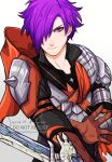  1boy armor cape fire_emblem fire_emblem:_three_houses fire_emblem_warriors fire_emblem_warriors:_three_hopes gloves hair_over_one_eye highres holding long_hair long_sleeves looking_at_viewer male_focus medium_hair purple_hair shez_(fire_emblem) shez_(fire_emblem)_(male) short_hair sierra117renner simple_background solo sword violet_eyes weapon 