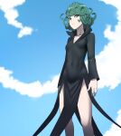  1girl bangs black_dress blue_sky breasts closed_mouth clouds covered_navel curly_hair dress frown green_eyes green_hair highres jourd4n long_sleeves looking_at_viewer one-punch_man short_hair sky small_breasts solo tatsumaki 