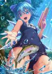  1girl animal bare_arms bare_legs bare_shoulders black_swimsuit blue_bow blue_eyes blue_hair bow cirno covered_navel cowboy_shot eyebrows_visible_through_hair fairy fish hair_between_eyes hair_bow highres hijikawa_arashi holding holding_water_gun ice ice_wings name_tag one-piece_swimsuit open_mouth school_swimsuit short_hair smile solo swimsuit touhou water_gun wings 