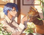  1boy ahoge animal bangs blue_eyes blue_hair closed_mouth day dog eyebrows_visible_through_hair flower flower_pot genshin_impact highres holding indoors japanese_clothes long_sleeves lumiphi male_focus petting plant shiba_inu shirt short_hair smile solo sunlight taroumaru_(genshin_impact) white_shirt 