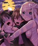  3girls ^_^ absurdres ahoge bat bat_hair_ornament black_eyes blue_eyes bow brave_witches breasts brown_hair cape character_request closed_eyes clouds fangs full_moon hair_between_eyes hair_ornament halloween hasegawa_(hase_popopo) highres hug hug_from_behind kanno_naoe large_breasts looking_at_viewer moon multiple_girls screw_in_head short_hair sideboob smile upper_body violet_eyes world_witches_series 