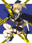  1girl :o absurdres bangs black_gloves black_skirt black_vest blonde_hair blue_jacket blue_necktie blush breasts brown_corset corset eyebrows_visible_through_hair girls_frontline gloves green_eyes gun handgun highres holding holding_gun holding_weapon holstered_weapon jacket looking_at_viewer miniskirt necktie open_clothes open_jacket open_mouth parted_lips pistol r9k1 shirt shoes short_hair simple_background skirt small_breasts socks solo twintails vest weapon welrod_mk2 welrod_mkii_(girls&#039;_frontline) white_shirt 