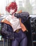  1girl ange_katrina black_jacket black_pants blue_eyes blurry blurry_background blush car collarbone denim earrings eyebrows_visible_through_hair ground_vehicle hand_on_own_neck high-waist_pants highres jacket jeans jewelry looking_at_viewer motor_vehicle nijisanji official_alternate_costume pants revision shirt short_hair solo theamazingspino virtual_youtuber white_shirt 