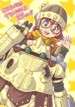  1girl blue_eyes chrono_trigger copyright_name glasses helmet looking_at_viewer lucca_ashtear open_mouth purple_hair robo_(chrono_trigger) robot scarf shincha_(29kyu) short_hair smile v weapon 