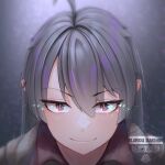  1boy ahoge artist_name black_hair blurry commentary english_commentary enoshiro eyebrows_visible_through_hair face highres long_hair male_focus original pointy_ears portrait solo violet_eyes watermark 