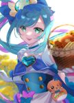  absurdres apron aqua_eyes back_bow basket blue_bow blue_hair bow bread brooch cure_spicy delicious_party_precure dog dress earrings elbow_gloves eyebrows_visible_through_hair flower food fuwa_kokone gloves heart_brooch highres huge_bow jewelry long_hair magical_girl minccino7 open_mouth pam-pam_(precure) precure puffy_short_sleeves puffy_sleeves short_sleeves smile upper_body very_long_hair white_gloves 