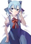  1girl blue_dress blue_eyes blue_hair bow cirno cowboy_shot dress eyebrows_visible_through_hair hair_between_eyes hair_bow highres ice ice_wings looking_at_viewer natsume_suzuri puffy_short_sleeves puffy_sleeves shirt short_hair short_sleeves smile solo touhou white_background white_shirt wings 