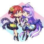  2girls blue_dress blue_hair chibi dress flower green_dress hair_flower hair_ornament highres holding_hands idol kaname_buccaneer long_hair macross macross_delta mikumo_guynemer multicolored_hair multiple_girls one_eye_closed purple_hair red_eyes shimatani_azu short_hair smile streaked_hair striped striped_dress very_long_hair violet_eyes white_dress yellow_dress yellow_flower 