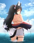  1girl animal_ear_fluff animal_ears back bangs bikini black_hair blue_sky blush closed_mouth day flipped_hair from_behind high_ponytail highres hololive jacket kaeru-taro long_hair looking_at_viewer looking_back multicolored_hair ookami_mio outdoors partially_submerged redhead short_shorts shorts sky smile solo standing streaked_hair swimsuit tail tail_around_leg tail_wrap very_long_hair virtual_youtuber wet wolf_ears wolf_girl wolf_tail yellow_eyes 