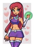  1girl 2girls :d belt boots breasts colored_skin cowboy_shot dc_comics english_commentary green_eyes heart highres long_hair looking_at_viewer medium_breasts midriff multiple_girls navel open_mouth orange_skin redhead skirt smile solo starfire teen_titans thigh-highs touyarokii 