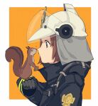  acorn animal animal_ears animal_ears_helmet arknights black_gloves black_jacket blush brown_eyes brown_hair closed_mouth commentary_request fake_animal_ears fire_helmet fire_jacket firefighter_jacket gloves heart highres jacket long_sleeves looking_at_animal looking_away mmm_ma_pmpm noses_touching orange_background profile shaw_(arknights) sleeves_past_wrists squirrel two-tone_background visor white_background white_headwear 