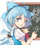  1girl :o absurdres ahoge ascot bangs blue_bow blue_eyes blue_hair bow chalk chalkboard cirno crystal_wings english_commentary eyelashes highres looking_back open_mouth parted_bangs shadow shiny shiny_hair shirt short_sleeves simple_background solo teeth touhou upper_body upper_teeth white_background white_shirt ylong 