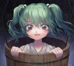  1girl :d absurdres blush bucket dark_background gradient gradient_background green_hair grey_background hair_bobbles hair_ornament highres in_bucket in_container kisume looking_at_viewer open_mouth shianebulae short_hair silk simple_background smile solo spider_web touhou two_side_up wooden_bucket 