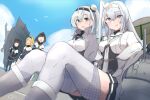  5girls akizuki_(kancolle) black_bodysuit black_hair black_sailor_collar black_skirt bodysuit braid brown_hair chou-10cm-hou-chan_(fuyutsuki&#039;s) closed_mouth day eyebrows_visible_through_hair fuyutsuki_(kancolle) grey_eyes grey_legwear grey_neckerchief hair_between_eyes hatsuzuki_(kancolle) highres kantai_collection long_hair ma_rukan multiple_girls neckerchief one_side_up open_mouth orange_neckerchief pleated_skirt pointy_hair ponytail puffy_short_sleeves puffy_sleeves sailor_collar school_uniform serafuku short_hair short_sleeves signature silver_hair skirt smile suzutsuki_(kancolle) teruzuki_(kancolle) thigh-highs twin_braids 