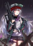  1girl absurdres assault_rifle bandana bangs black_shorts blush breasts eyebrows_visible_through_hair feet_out_of_frame g11_(girls&#039;_frontline) girls_frontline green_headwear green_jacket gun h&amp;k_g11 highres holding holding_gun holding_weapon jacket long_hair looking_at_viewer night night_sky open_clothes open_jacket open_mouth purple_scarf r9k1 rain red_bandana red_eyes rifle scarf shirt shorts silver_hair sky small_breasts solo standing water_drop weapon white_shirt 