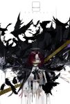  1girl angel arknights bird blackcat_enjia blood blood_from_mouth character_name commentary_request crow detached_wings energy_wings exusiai_(arknights) hair_over_one_eye halo highres open_mouth red_eyes redhead short_hair skeleton solo wings 