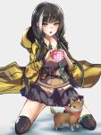  1girl absurdres bangs black_hair black_legwear black_skirt blush box breasts brown_cardigan cardigan dog eyebrows_visible_through_hair gift gift_box girls_frontline hair_ornament hairclip heterochromia highres holding holding_gift hood hooded_jacket id_card jacket kneeling long_hair looking_at_viewer multicolored_hair open_clothes open_jacket open_mouth orange_eyes r9k1 ro635_(girls&#039;_frontline) shirt simple_background skirt small_breasts solo thigh-highs valentine yellow_eyes yellow_jacket yellow_shirt 