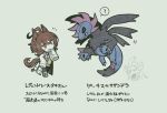  1boy 1girl agnes_tachyon_(umamusume) ahoge animal_ears bangs brown_eyes brown_hair chibi crossover dragon flying ghetsis_harmonia hair_between_eyes hand_on_own_chin horse_ears horse_girl horse_tail hydreigon medium_hair open_mouth pokemon pokemon_(creature) red_eyes scouter simple_background tail torasigure translation_request umamusume 