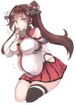  1girl arm_behind_back big_belly bloated blush breasts brown_eyes brown_hair collar hair_intakes hair_petal hand_to_own_mouth headgear kantai_collection large_breasts long_hair looking_at_viewer metal_collar red_skirt simple_background single_thighhigh skirt solo thigh-highs utopia vore white_background yamato_(kancolle) 
