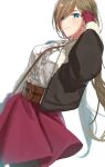  1girl absurdres bag bangs blouse blue_eyes breasts brown_hair gloves handbag highres large_breasts long_hair long_sleeves looking_at_viewer low_twintails open_clothes pantyhose skirt smile solo tales_of_(series) tales_of_the_abyss tear_grants twintails white_background yacht_king 