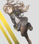  1girl absurdres bangs black_footwear black_legwear blush boots breasts brown_hair closed_mouth eyebrows_visible_through_hair fingerless_gloves girls_frontline gloves grey_gloves grey_jacket grey_skirt hair_ornament hairclip highres jacket knee_pads lezard18 light_brown_eyes long_hair looking_at_viewer navel neck_ribbon open_clothes open_jacket pantyhose ribbon scar scar_across_eye shirt side_ponytail simple_background skirt small_breasts solo standing standing_on_one_leg ump45_(girls&#039;_frontline) white_shirt 