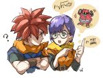  1boy 1girl ? belt chrono_trigger closed_mouth crono_(chrono_trigger) gato_(chrono_trigger) glasses green_eyes headband highres lucca_ashtear open_mouth purple_hair redhead robot scarf short_hair simple_background spiky_hair uzutanco white_background wristband 