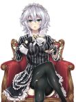  1girl artist_request black_gloves black_legwear blush breasts chair crossed_legs cup dress feet_out_of_frame fingerless_gloves gloves highres izayoi_sakuya looking_at_viewer maid_headdress open_mouth silver_hair simple_background sitting solo striped teacup thigh-highs touhou white_background 