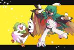  animal_focus arm_up bird clothed_pokemon commentary_request dartrix decidueye highres jacket letterboxed looking_down no_humans open_clothes open_jacket open_mouth owl pkpokopoko3 pokemon pokemon_(creature) talons tongue two-tone_background yellow_eyes 