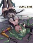  1girl absurdres asymmetrical_gloves bangs black_choker black_gloves black_legwear black_necktie black_shorts blush breasts character_name choker closed_mouth eyebrows_visible_through_hair girls_frontline gloves green_hair highres long_hair looking_at_viewer lying m950a_(girls&#039;_frontline) medium_breasts necktie on_back r9k1 shirt shorts simple_background smile solo thigh-highs white_shirt yellow_eyes 