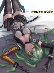  1girl absurdres asymmetrical_gloves bangs black_choker black_gloves black_legwear black_necktie black_shorts blush breasts character_name choker closed_mouth eyebrows_visible_through_hair girls_frontline gloves green_hair highres long_hair looking_at_viewer lying m950a_(girls&#039;_frontline) medium_breasts necktie on_back r9k1 shirt shorts simple_background smile solo thigh-highs white_shirt yellow_eyes 