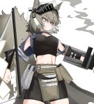  1girl animal_ears arknights ashlock_(arknights) black_shirt black_shorts commentary_request cowboy_shot crop_top grey_eyes grey_hair headgear highres large_tail midriff pelvic_curtain pouch shirt short_hair shorts signal_1120 solo standing stomach tail white_background 
