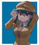  1girl 5alive adjusting_clothes adjusting_headwear arm_behind_head black_hair blue_background border breasts brown_headwear brown_jacket cabbie_hat closed_jacket closed_mouth commentary_request flat_cap happy hat highres jacket medium_breasts medium_hair necktie no_wings pointy_ears red_eyes red_necktie shameimaru_aya shameimaru_aya_(newsboy) smile suit_jacket tengu touhou upper_body white_border 