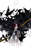  1girl angel arknights bird blackcat_enjia blood blood_from_mouth character_name commentary_request crow detached_wings energy_wings exusiai_(arknights) hair_over_one_eye halo highres open_mouth red_eyes redhead short_hair skeleton solo wings 