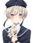  1girl black_dress black_headwear black_sailor_collar blue_eyes blush closed_mouth clothes_writing crying crying_with_eyes_open dress eyebrows_visible_through_hair flower hachino_mugi hair_between_eyes hat highres holding holding_flower kantai_collection long_sleeves sailor_collar sailor_dress sailor_hat short_hair silver_hair simple_background solo tears upper_body white_background white_flower z1_leberecht_maass_(kancolle) 