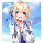  1girl :d bangs blonde_hair blue_dress blue_eyes blue_ribbon blush braid breasts commentary_request copyright_request day dress eyebrows_visible_through_hair hair_ribbon hands_up highres index_finger_raised kisaragi_yuri looking_at_viewer medium_breasts medium_hair open_mouth outdoors petals ribbon shiny shiny_hair shirt smile solo white_shirt 