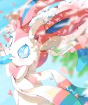 blue_eyes blurry blush bright_pupils closed_mouth falling_petals highres no_humans petals pokemon pokemon_(creature) signature smile solo surumeika_(ninfiiiir) sylveon symbol-only_commentary white_pupils 