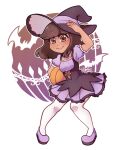  1girl artist_name breasts brown_eyes brown_hair contrapposto dress full_body hat highres justspicy original puffy_short_sleeves puffy_sleeves pumpkin purple_dress short_sleeves signature small_breasts smile solo witch_hat 
