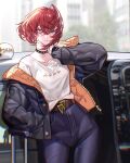  1girl ange_katrina bad_id bad_twitter_id black_jacket black_pants blue_eyes blurry blurry_background blush car collarbone denim earrings eyebrows_visible_through_hair ground_vehicle hand_on_own_neck high-waist_pants highres jacket jeans jewelry looking_at_viewer motor_vehicle nijisanji official_alternate_costume pants shirt short_hair solo theamazingspino virtual_youtuber white_shirt 
