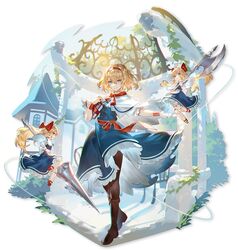  1girl alice_margatroid apron bangs blonde_hair blue_dress blue_eyes boots bow capelet dress full_body hair_bow hairband highres holding lance long_hair looking_at_viewer petticoat polearm sash shanghai_doll short_hair touhou u_u_zan weapon 