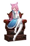  1girl absurdres animal_ears bangs cat_ears dress frilled_dress frills highres long_hair long_sleeves looking_at_viewer no_shoes original pantyhose pikaqx pink_hair red_eyes sitting soles solo two-tone_dress white_background white_legwear 