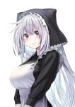  1girl alternate_costume apron bangs black_dress blush breasts closed_mouth clothing_request collared_dress dress enmaided eris_(konosuba) frills grey_background grey_eyes grey_hair highres izawa_(bhive003) kono_subarashii_sekai_ni_shukufuku_wo! large_breasts light_smile long_hair maid maid_apron own_hands_together simple_background smile solo upper_body 