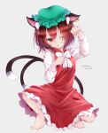  1girl animal_ear_fluff animal_ears barefoot bow bowtie brown_hair cat_ears cat_girl cat_tail chen chikuwa_savy commentary_request dress earrings frilled_dress frills full_body green_headwear grey_background hat jewelry mandarin_collar mob_cap multiple_tails nekomata one_eye_closed open_mouth paw_pose red_dress short_hair signature simple_background single_earring squatting tail touhou two_tails white_bow white_bowtie 