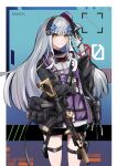  1girl absurdres arm_up assault_rifle bangs closed_mouth eyebrows_visible_through_hair feet_out_of_frame girls_frontline gloves green_eyes gun h&amp;k_hk416 hair_ornament hair_ribbon hairband hairclip hat highres hk416_(girls&#039;_frontline) light_blue_hair long_hair looking_at_viewer mini_hat r9k1 ribbon rifle shading_eyes smile solo standing tactical_clothes teardrop_facial_mark teardrop_tattoo weapon white_gloves 