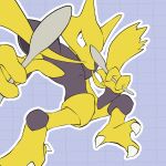 alakazam black_eyes claws commentary grey_background grid_background holding holding_spoon kelvin-trainerk looking_to_the_side no_humans outline pokemon pokemon_(creature) solo spoon twitter_username watermark 