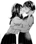  2girls blush greyscale imminent_kiss kisugae medium_hair monochrome multiple_girls original pleated_skirt school_uniform serafuku short_hair simple_background skirt white_background yuri 