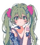  :/ arm_tattoo bare_shoulders blush bokarokaku eyebrows_visible_through_hair flat_chest green_eyes green_hair hair_between_eyes hair_ornament hair_scrunchie hairclip hatsune_miku heart heart_hair_ornament highres looking_at_viewer loose_clothes mechanical_arms messy_hair number_tattoo prosthesis prosthetic_arm scrunchie shirt shoulder_tattoo single_mechanical_arm sleeveless sleeveless_shirt solo sweatdrop tattoo tube twintails vocaloid wire 