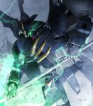  green_eyes gundam gundam_deathscythe_hell gundam_wing looking_up mecha missing_limb no_humans science_fiction solo v-fin white_background 